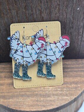 NWT Christmas Chicken Earrings Pierced Acrylic Boots Dangle Drop Light Weight
